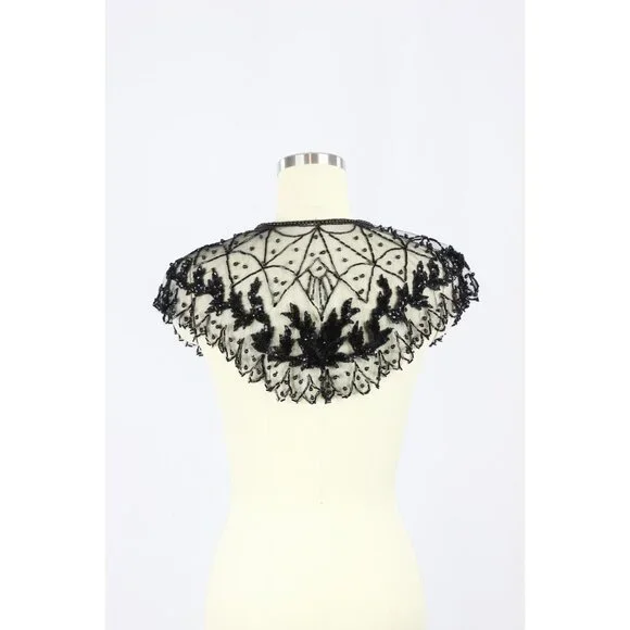 Vintage Black Beaded Sequin Embroidered Tulle Collar - Picture 3 of 14